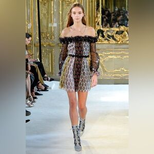 GIAMBA Paris Floral Patchwork Ruffle Cold-Shoulder Mini Dress Black & Pastels XS